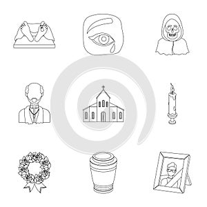 Funeral ceremony, cemetery, coffins, priest.Funeral ceremony icon in set collection on outline style vector symbol stock