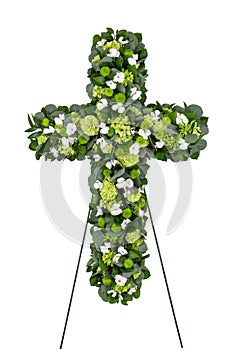 Modern Sympathy Funeral Flower Cross Form Tribute Made by a Florist in a Flower Shop photo
