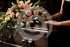 Funeral Gesture female hands Placing bouquet of flowers on Coffin Lid - Mourning Concept