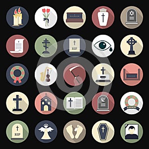 Funeral icons in flat style on colored circles