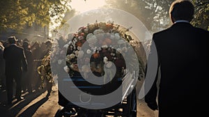 Funeral procession to the cemetery with a coffin and a handful of flowers