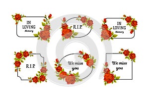 Funeral Red Rose Frame with Text Quote and Inscription Vector Set