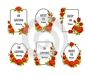 Funeral Red Rose Frame with Text Quote and Inscription Vector Set