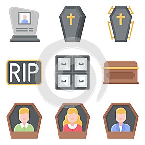Funeral related vector icon set 3, flat style