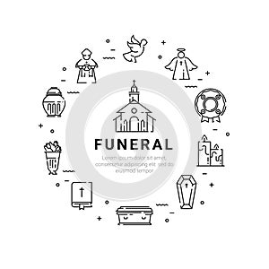 Funeral service icon set in linear style.