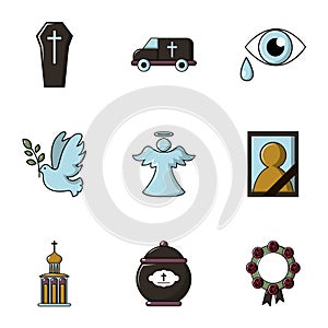 Funeral shipping icons set, flat style