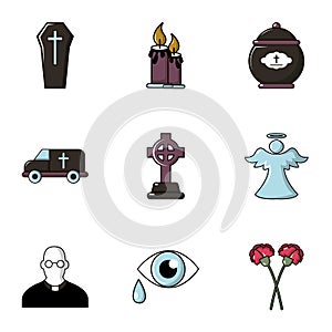 Funeral symbols icons set, flat style
