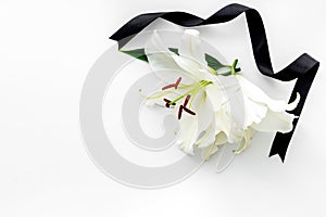 Funeral symbols - white lily flowers with black ribbon