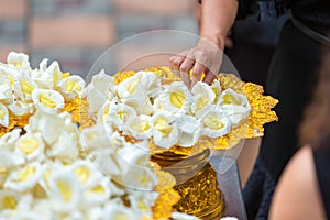 Funeral wood flower in funeral Buddhism. Artificial flowers for guests in the funeral of Buddhism. kind of wood flower to be place