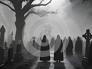 Funereal Procession. Mourners Clad in Black Moving Through a Mist-Laden Cemetery