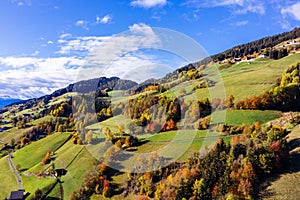 Funes Valley, Trentino, Italy. Autumn landscape with fall colors.
