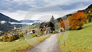 Funes Valley, Trentino, Italy. Autumn landscape with fall colors.