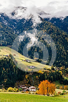 Funes Valley, Trentino, Italy. Autumn landscape with fall colors.