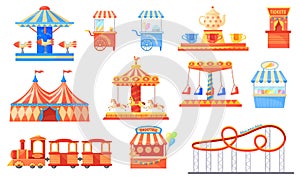 Funfair carousels. Amusement park on fairground with horse carousel, fun fair rides and roller coaster carnival circus