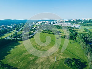 Funfair by dam Lake in Brno from above, Czech Republic