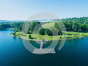 Funfair by dam Lake in Brno from above, Czech Republic