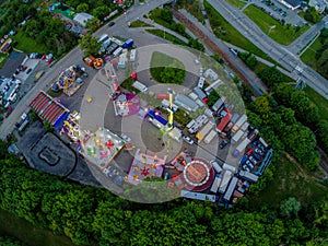 Funfair by dam Lake in Brno from above at dusk, Czech Republic