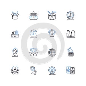 Funfair line icons collection. Rides, Carousel, Ferris wheel, Roller coaster, Clowns, Popcorn, Cotton candy vector and