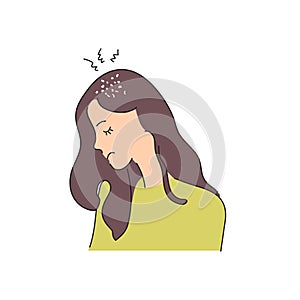 Dandruff on the girl`s hair. Pathologies of fungal diseases, seborrhea, psoriasis. Vector graphics of the epidermis problem