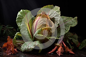 fungus-infested cabbage with wilted leaves