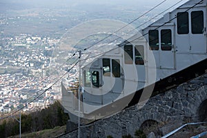 Funicluar and Cityscape of Lourdes in France from Funicular Pic de Jer in Winter