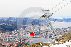 Funicular cabin against Bergen, Norway.