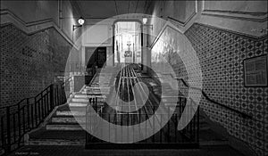 Funicular of Lisbon. Symmetry. Portugal. Black and white