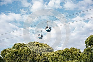 Funicular or ropeway and public transport through gulf or river or channel in Lisbon in Portugal.