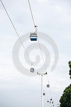 Funicular or ropeway and public transport through gulf or river or channel in Lisbon in Portugal.