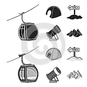 Funicular, tent, road sign, snow cannon. Ski resort set collection icons in black,monochrom style vector symbol stock photo