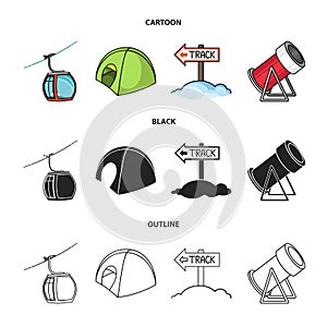 Funicular, tent, road sign, snow cannon. Ski resort set collection icons in cartoon,black,outline style vector symbol