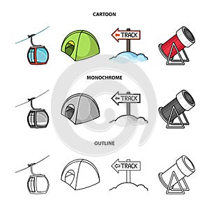 Funicular, tent, road sign, snow cannon. Ski resort set collection icons in cartoon,outline,monochrome style vector