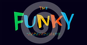 Funku playful alphabet, dynamic laidback letters, bright, colorful and vibrant font for uneven expressive logo, lively