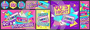 Funky 90s disco party poster. Nineties music hits banner, 90s dancing night invite and retro stereo tape vector