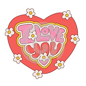 Funky abstract I Love You lettering text in heart shape heart isolated on white background with daisy flowers. Cool