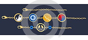 Funky bracelets. Golden chains with beads. Yin-yang, evil eye, pacific sign. Vector set