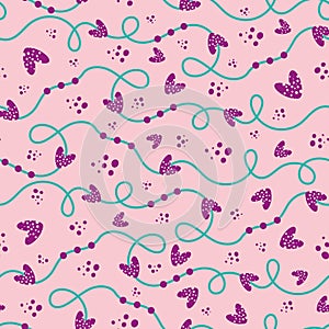 Funky bubbly purple and turquoise hand drawn doodle lines and hearts seamless vector pattern pink background.