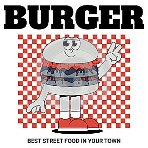 Funky burger card in retro groovy style. Trendy illustration. Cool maskot for cafe, bar, restaurant. Vector illustration photo