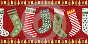 Funky Christmas stocking border design in traditional colors. Seamless vector pattern on textured red background. Great