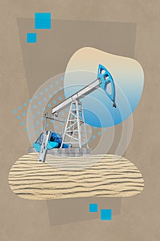 Funky collage with industrial oil rig. Art poster, template concept design or zine cover. Pump Jack.