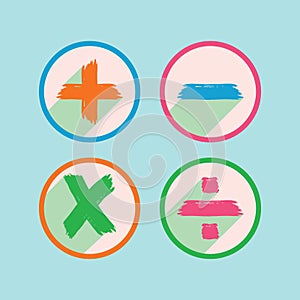 Funky colorful round brush style basic mathematical signs with long shadow icons set design elements on blue