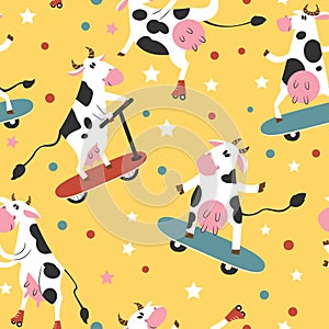 Funky cows on skates and kick scooters