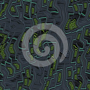 Funky distorted wavy dark gray, green lines seamless pattern