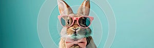 Funky Easter Bunny with Pink Shades & Bow Tie for Festive Greetings or Celebrations on Green Backdrop