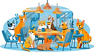 Funky Feline Friends Enjoying a Cozy Cafe Gathering photo
