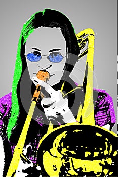 Funky female trombone player illustration . Piktogram with yellow trombone , orange mouthpiece , green hair and purple shirt . Fun