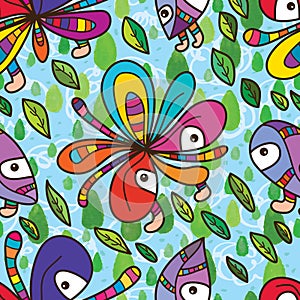 Funky flower mascot fly sky seamless pattern