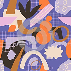 Funky geometric shapes cut out collage seamless pattern in vector.