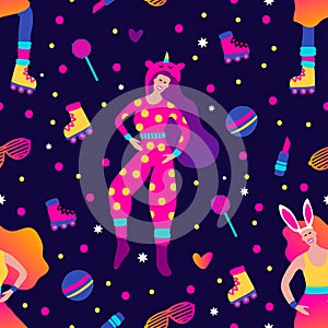 Funky girl funny pajama home music party seamless vector pattern