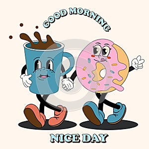 Funky groovy cartoon character Coffee, Donut banner. Vintage funny mascot patch psychedelic smile